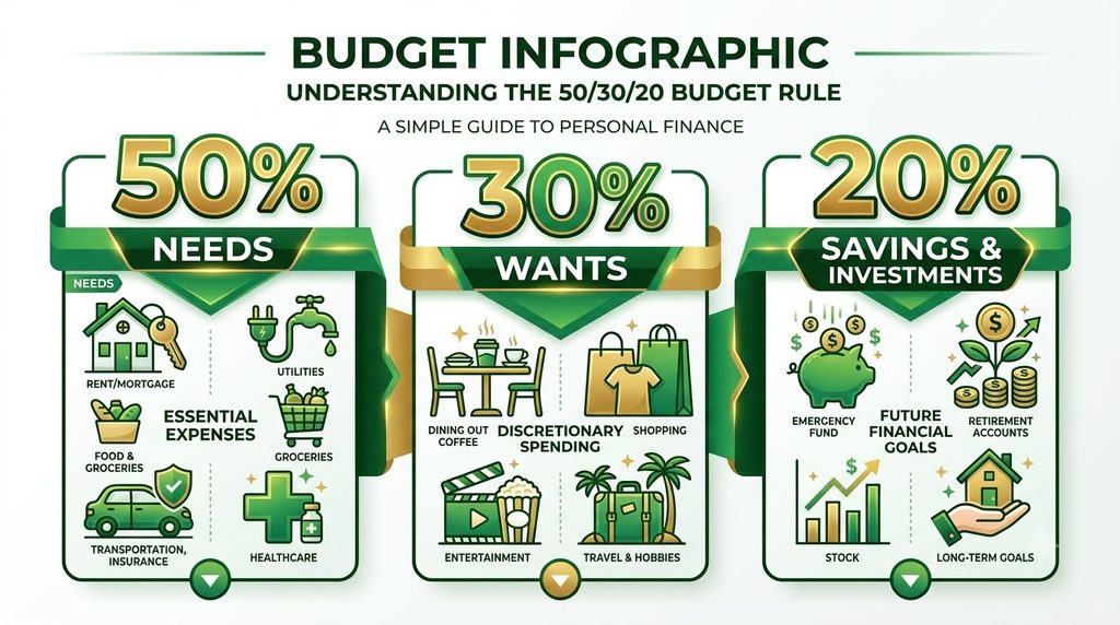 50 30 20 salary budgeting rule showing needs wants and savings