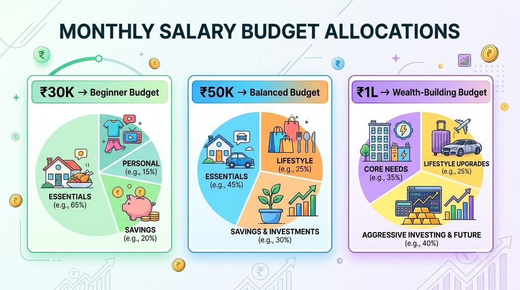 Monthly salary budget examples for 30000 50000 and 100000 rupees