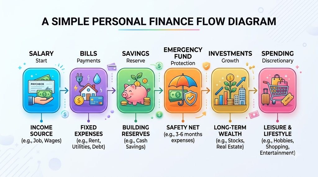 Salary management flow from income to bills savings emergency fund and investments